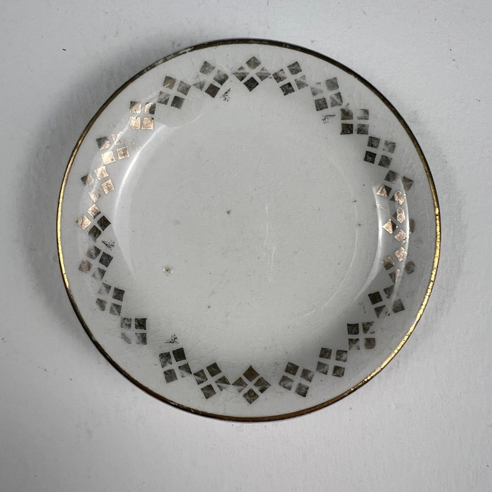 Butter Pat Dish Small 3.25in White Gold Diamond Geometric Vintage MCM